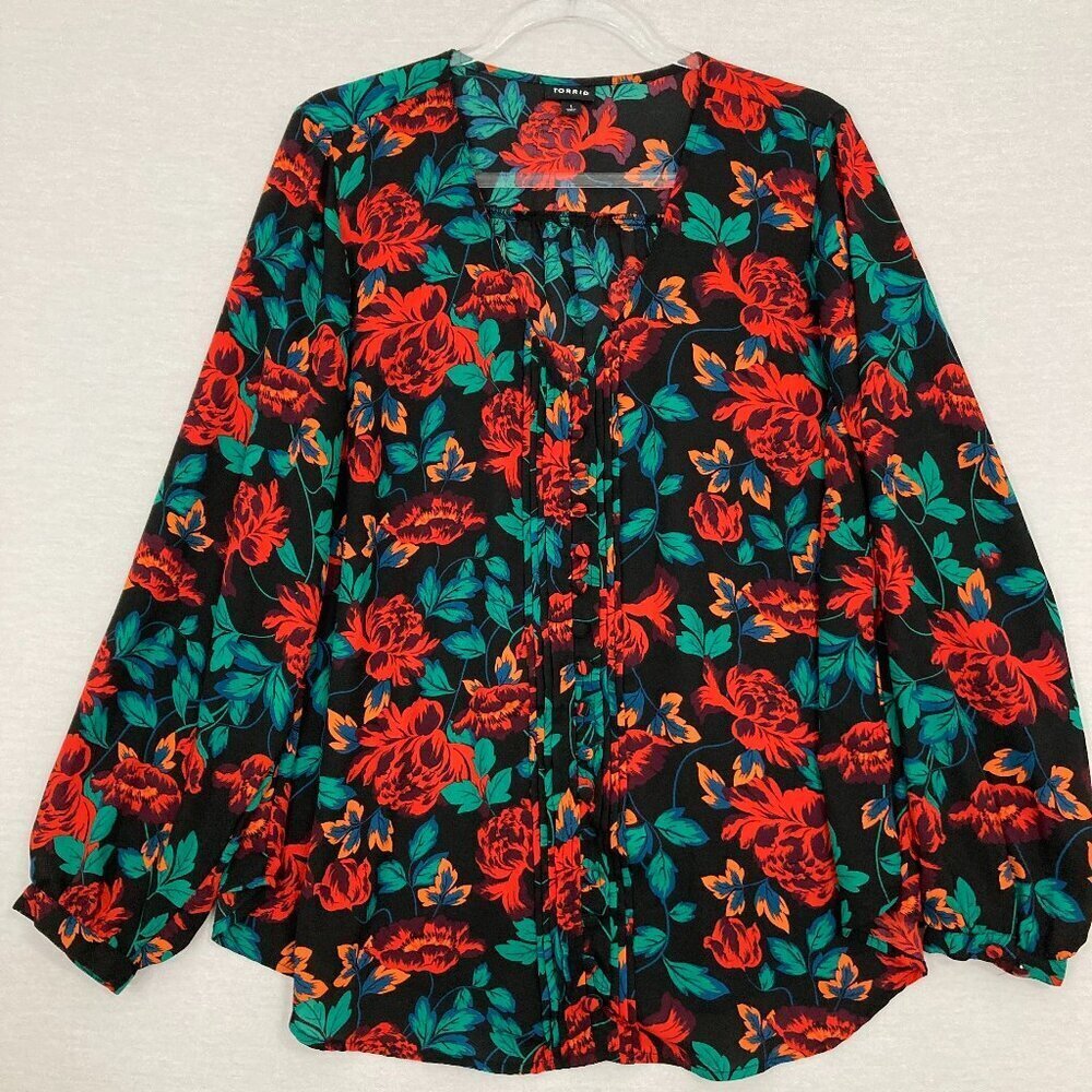 Torrid Red Green Black Floral V Neck Long Sleeve Button Down size 1X